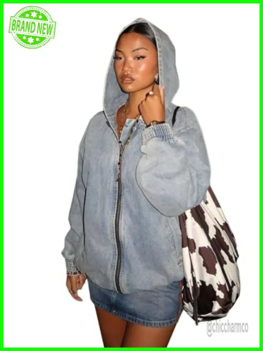 Oversized Vintage Washed Denim Bomber Jacket Hooded Front Zip